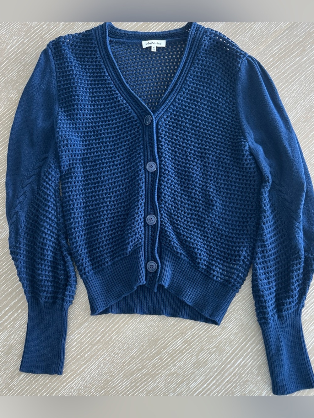 Another Love Crochet Cardigan L Navy Blue Open Weave Button Front Boho Coastal